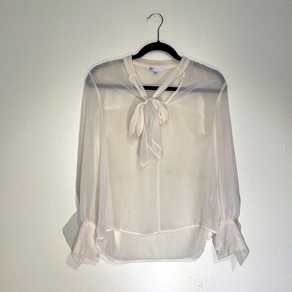 DR2 Tops - DR2 Semi Sheer Long Sleeve Bow Tie Blouse